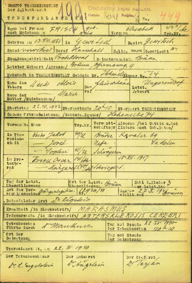 Berta Weis Frisch, death in Theresienstadt