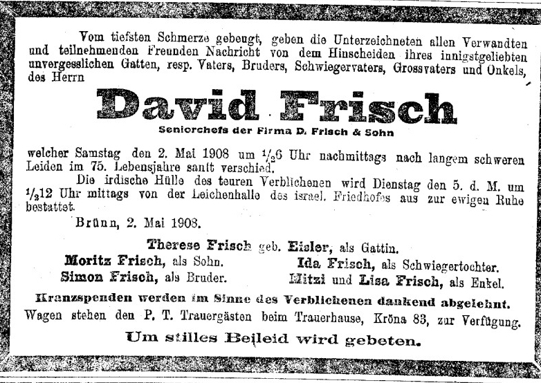 Death notice David Frisch of Brno